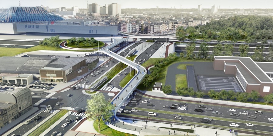 Beeld van de wandelbrug die aansluit op een fietsbrug aan het Sportpaleis. Beeld van de wandelbrug die aansluit op een fietsbrug aan het Sportpaleis.